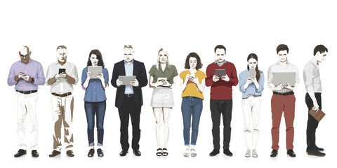 Obraz premium Diverse group of multiethnic people standing in a row using smartphones tablets and laptops digital technology communication and social media connection vector