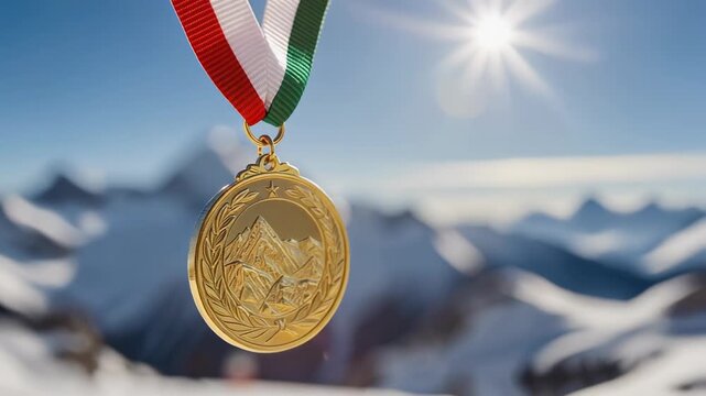 Shining gold medal with mountain engravings against snowy alpine peaks for sports achievement and outdoor victory