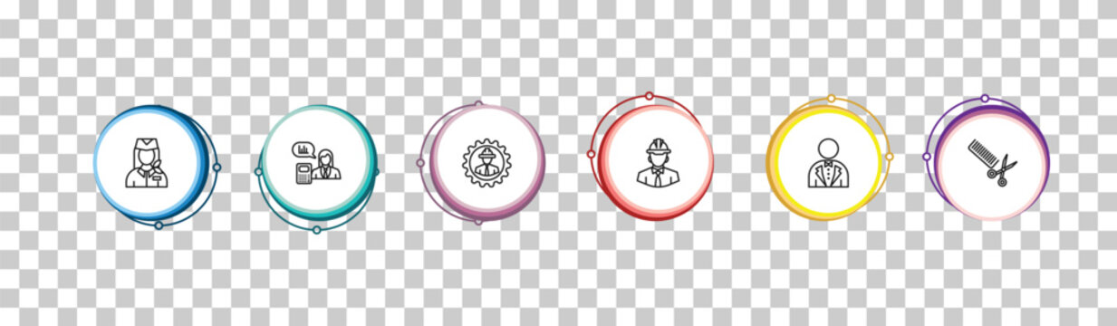outline professions icons set - air hostess, actuary, mechanical engineer, hairdresser. editable vector for web and mobile ui