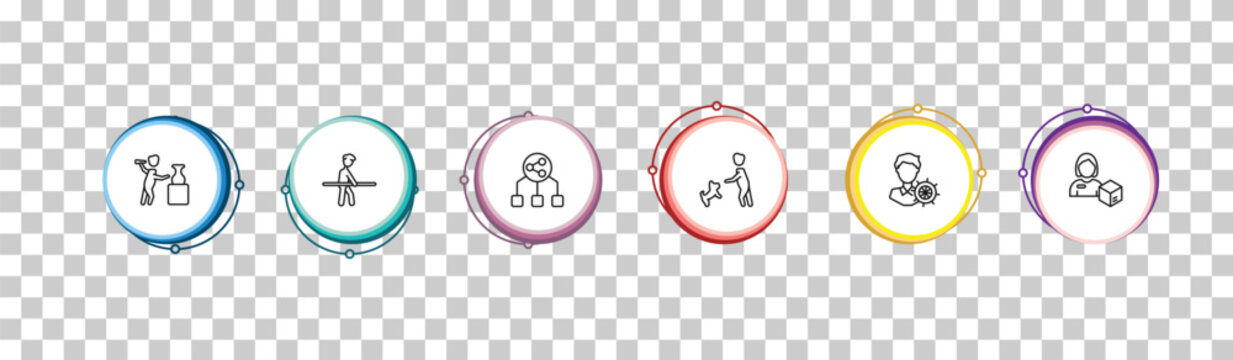 outline people icons set - sculptor working, rehabilitation, user sharing files, delivery woman. editable vector for web and mobile ui