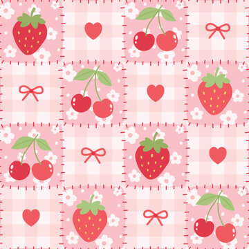 bow, cherry, strawberry, heart seamless pattern, gingham background, preppy flirty patchwork, red pink repeat pattern, textile, fabric