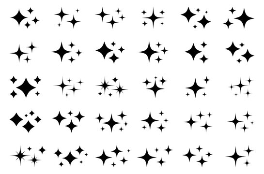 Sparkle star icons, twinkle stars, shining sparkles, glitter symbols, magic stars, shine elements, starburst shapes, decorative sparkle collection isolated on white background.