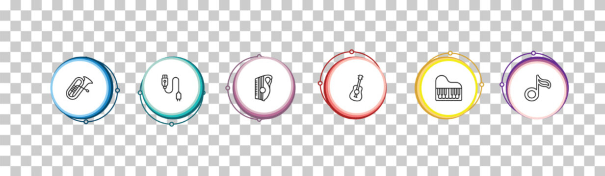 outline music and media icons set - tuba, charging plug, zither, flat. editable vector for web and mobile ui