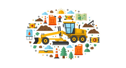Naklejka premium Road Grader Heavy Machinery and Construction Equipment Flat Vector Illustration Set