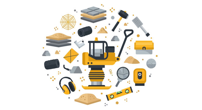 Construction and Road Paving Equipment Flat Vector Illustration Set with Plate Compactor and Safety Tools