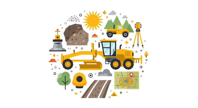 Road Construction and Civil Engineering Flat Vector Illustration with Motor Grader, Surveying Equipment, and Infrastructure Icons