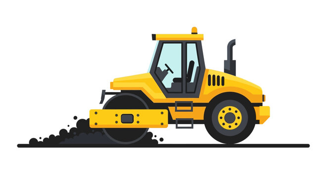 Yellow road roller construction vehicle vector illustration, asphalt compactor heavy machinery for roadwork and infrastructure projects isolated on white background.