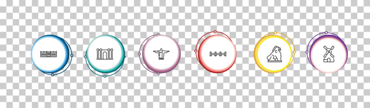 outline monuments icons set - palace of versailles, barcelona, , kinderdijk windmills. editable vector for web and mobile ui