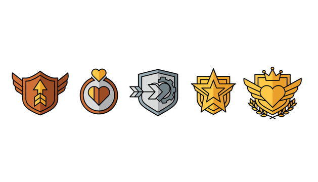 Set of five colorful video game ranking badges features shields, stars, and hearts to denote different levels of achievement.