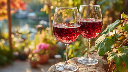 Naklejka premium Close up of two red wine glasses in natural garden setting with beverage, vineyard