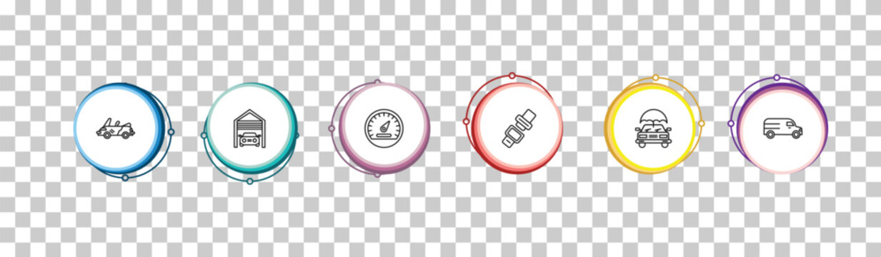 outline mechanicons icons set - convertible car, car inside a garage, car speedometer, van facing left. editable vector for web and mobile ui