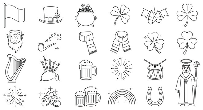 Extensive set of black and white line art icons for Saint Patrick's Day including leprechauns, shamrocks, and beer mugs.