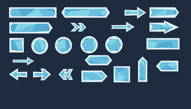 Set of crystalline ice themed user interface elements including buttons and arrows for fantasy or winter themed video games.