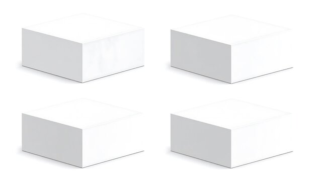 Four plain, white, rectangular boxes are arranged in a 2x2 grid, each casting a soft shadow on a white background