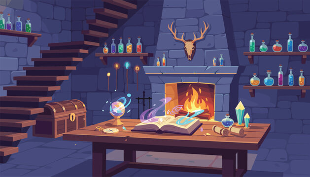 Mysterious wizard laboratory contains an open ancient book on a table with glowing magic and potions on shelves by a fireplace.