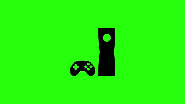 Professional 4K footage of a modern home video game console tower with a controller silhouette bouncing cleanly. Great entertainment web graphic.