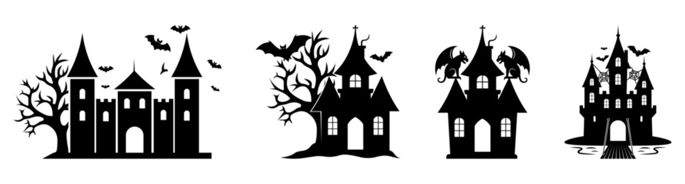 Haunted house, halloween, spooky, castle, mansion, ghost, horror, silhouette architecture collection featuring dark buildings, creepy homes, gothic towers, haunted structures and eerie landmarks.