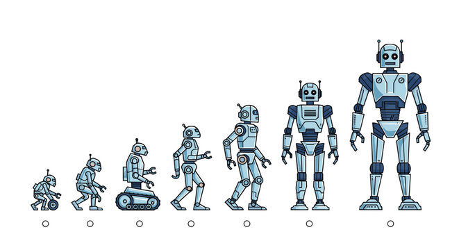 Conceptual illustration showing the evolution of robots from basic mechanical designs to a fully advanced humanoid robot.