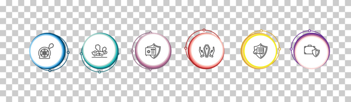 outline insurance icons set - puncture in a wheel, overturned vehicle, bank safe, luggage insurance. editable vector for web and mobile ui