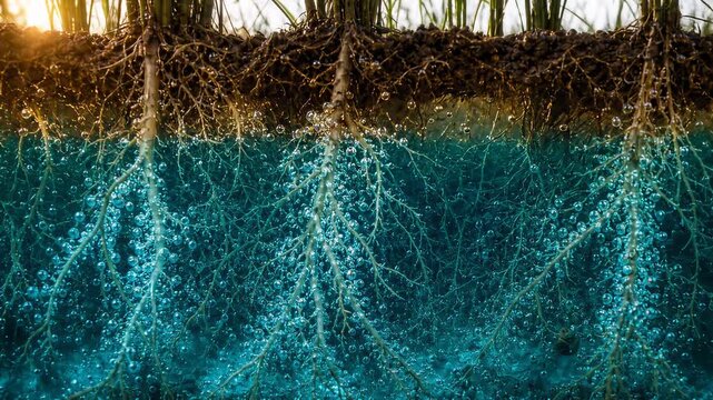 Plant Roots Absorbing Oxygen in Soil Cross Section View Animation