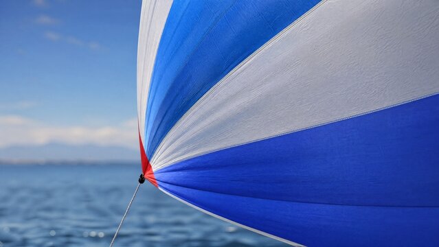Close-up of taut spinnaker sail fabric bulging under strong wind.