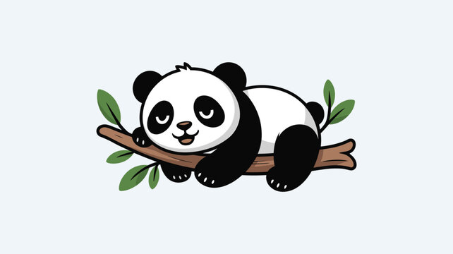 Cute panda bear sleeping on tree branch vector illustration.