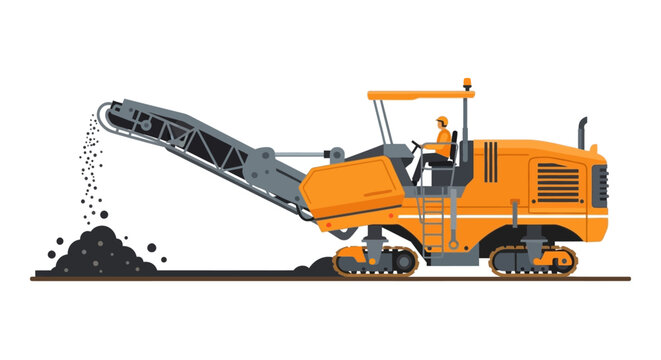 Yellow Asphalt Milling Machine Vector Illustration, Industrial Cold Planer Road Construction Equipment Isolated on White