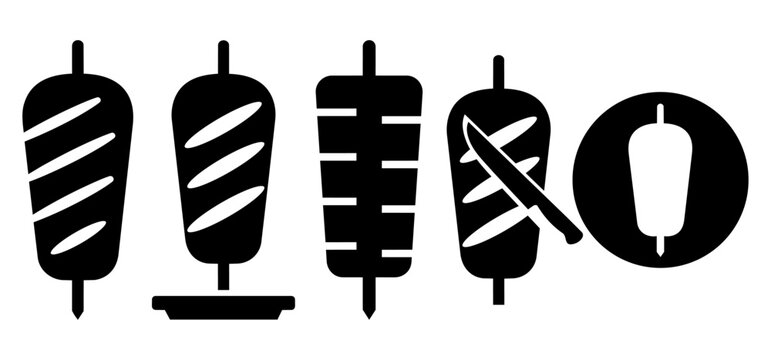 Shawarma and doner kebab grill icon set, vertical meat spit silhouette