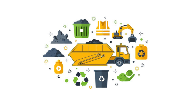 Waste Management and Recycling Vector Icon Set with Garbage Truck, Skip Bin, Excavator, and Eco-friendly Symbols for Industrial and Environmental Design
