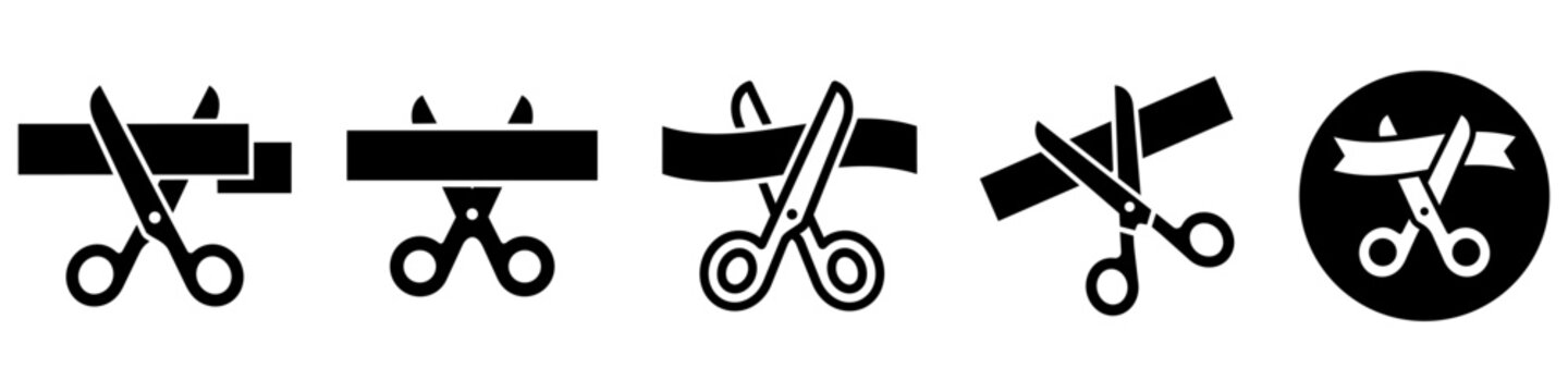 Grand opening ribbon cutting ceremony icon set with scissors