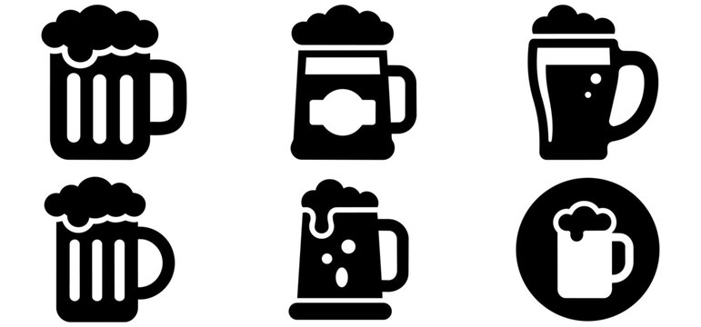 Beer mug and stein glass icon set, silhouette collection for pub menu