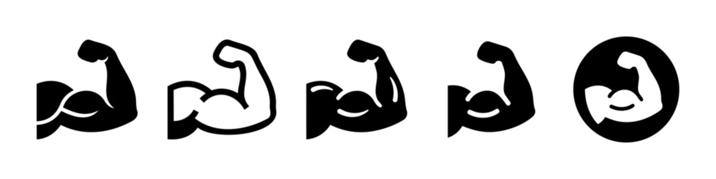 Strong arm flexing bicep muscle icon set, symbol for power and fitness