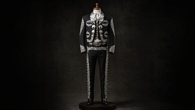 An ornate charro suit displayed on a mannequin, detailed embroidery and silver.