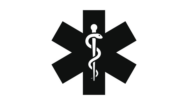 Star of life symbol with caduceus black silhouette on white background