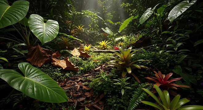 Tropical rainforest with lush green foliage.