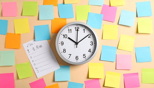 A clock surrounded by colorful sticky notes on a wooden surface
