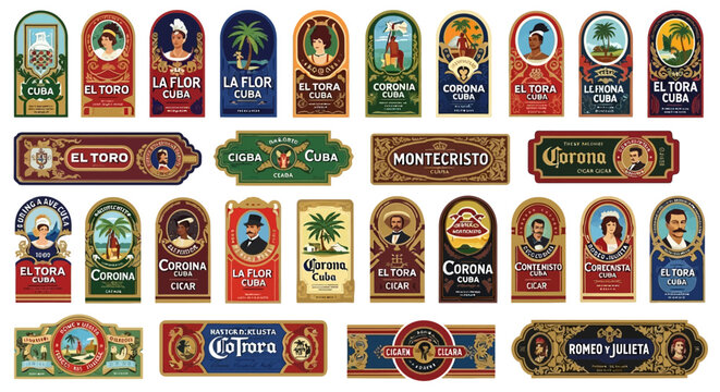 Vintage Cigar Labels Collection: Cuban Style, Retro Design, Tobacco Branding