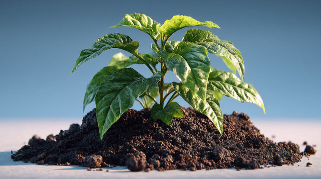 Young green seedling growing in fertile dark soil with seedling gardening plantlet