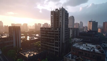Obraz premium Abandoned post-apocalyptic cityscape with ruined concrete buildings.