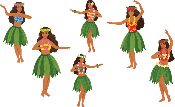 Flat vector illustration of Hawaiian hula dancers in traditional leaf skirts for tropical design