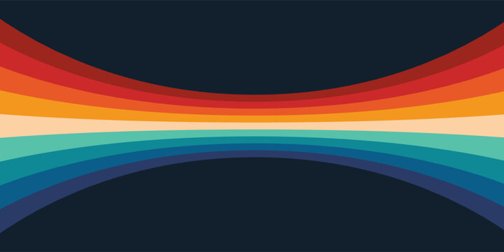 Abstract colorful 70s background vector. Vintage retro style wallpaper with lines, rainbow wavy stripes. 1970 color illustration design suitable for poster, banner, decorative, wall art.