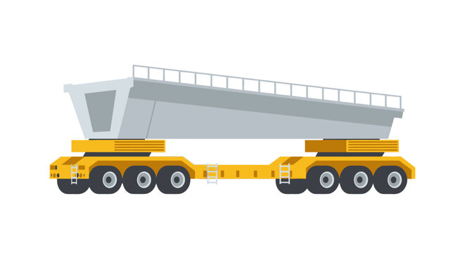 Heavy-Duty Multi-Axle Modular Transporter Carrying Precast Concrete Bridge Segment, Vector Illustration of Industrial Infrastructure Construction Logistics