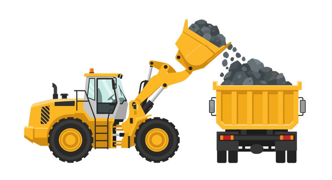 Yellow Industrial Wheel Loader Loading Rocks into a Dump Truck, Flat Vector Illustration Isolated on White Background