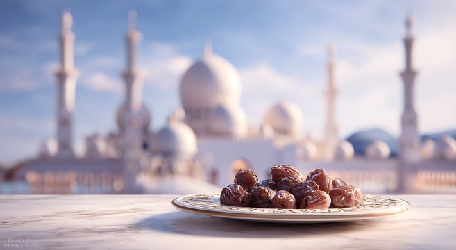 Ramadan decoration with dates and mosque model