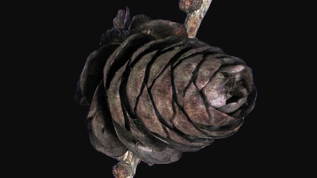 Time lapse of opening larch tree cone isolated on black background