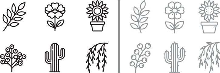 Botanical line icon set with leaf flower sunflower in pot cactus and willow branch for nature and garden design © reza
