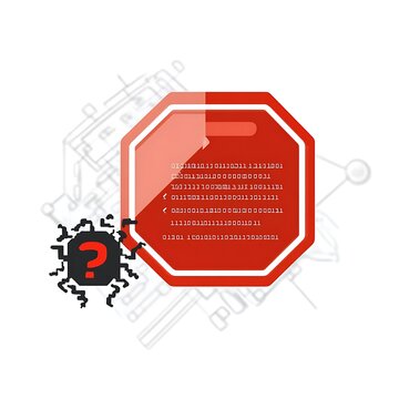 Red octagonal warning sign with binary code and question mark bug symbol on white.