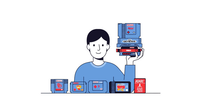Man holding stack of retro video game cartridges, surrounded by classic consoles