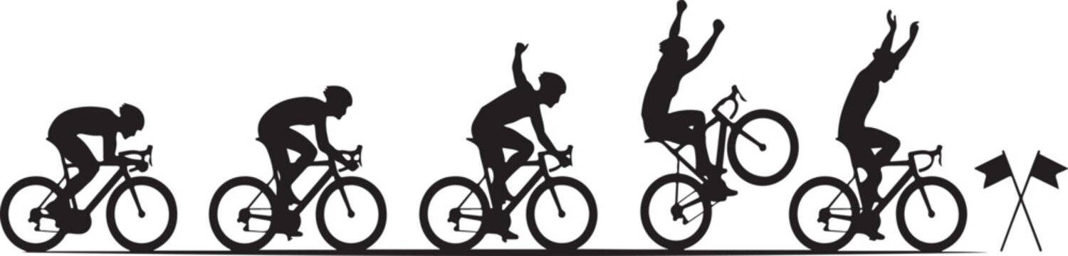 Cyclist progression silhouette sequence showing various riding poses and stages