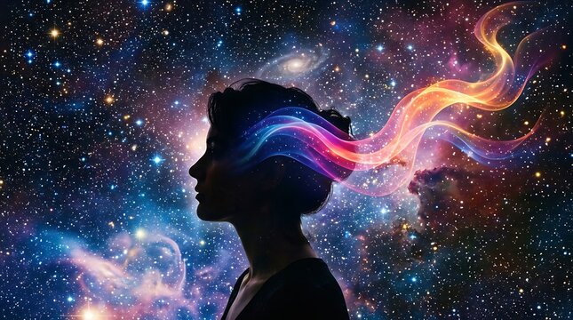 Silhouette of a person with colorful cosmic energy waves blending into space galaxy background